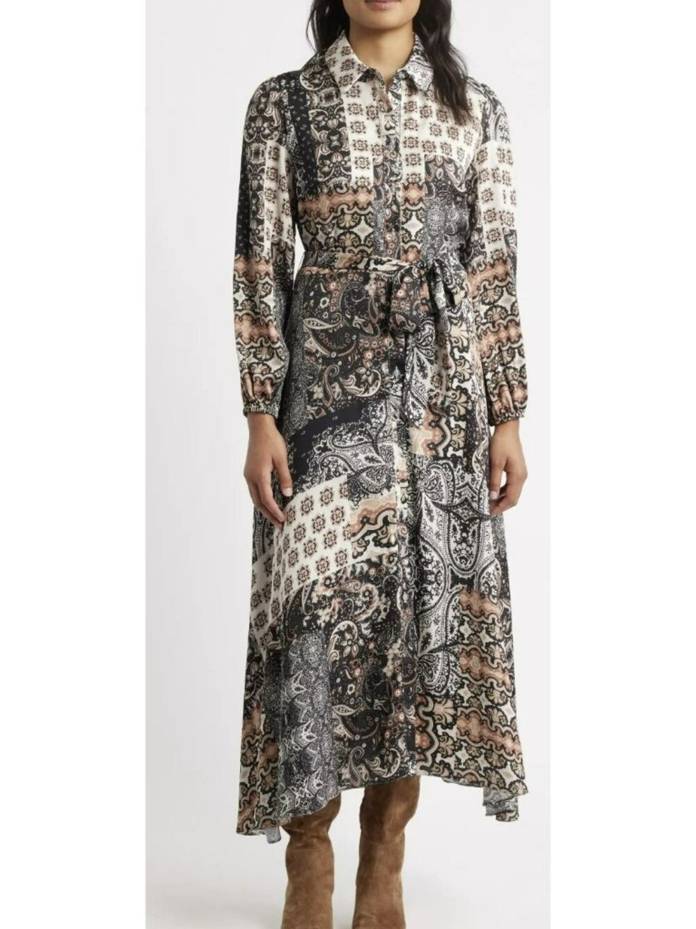 New Julia Jordan Paisley Patchwork Long-Sleeve Maxi Shirt Dress Size 10
